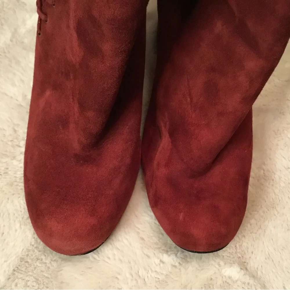 Karl Lagerfeld Sylvia Burgundy Red Chunky Heel Suede Ankle Boots Tassels - 6